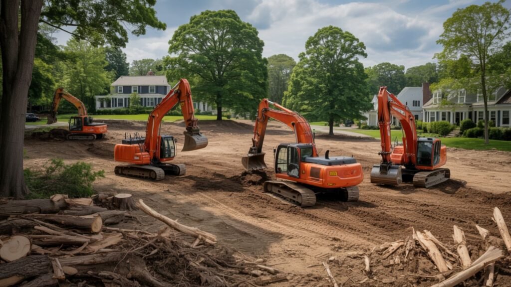 Professional crew with orange excavators clearing Connecticut residential land while preserving mature trees