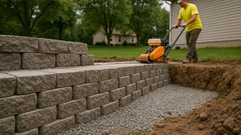 Close-up of multi-level concrete block retaining wall with gravel base in residential setting
