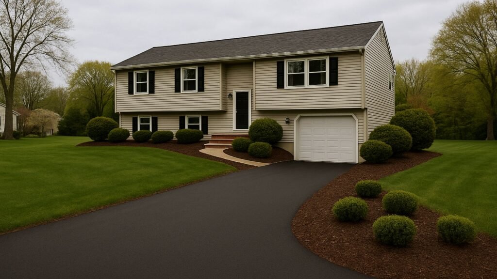 Angled driveway approaching split-entry CT home