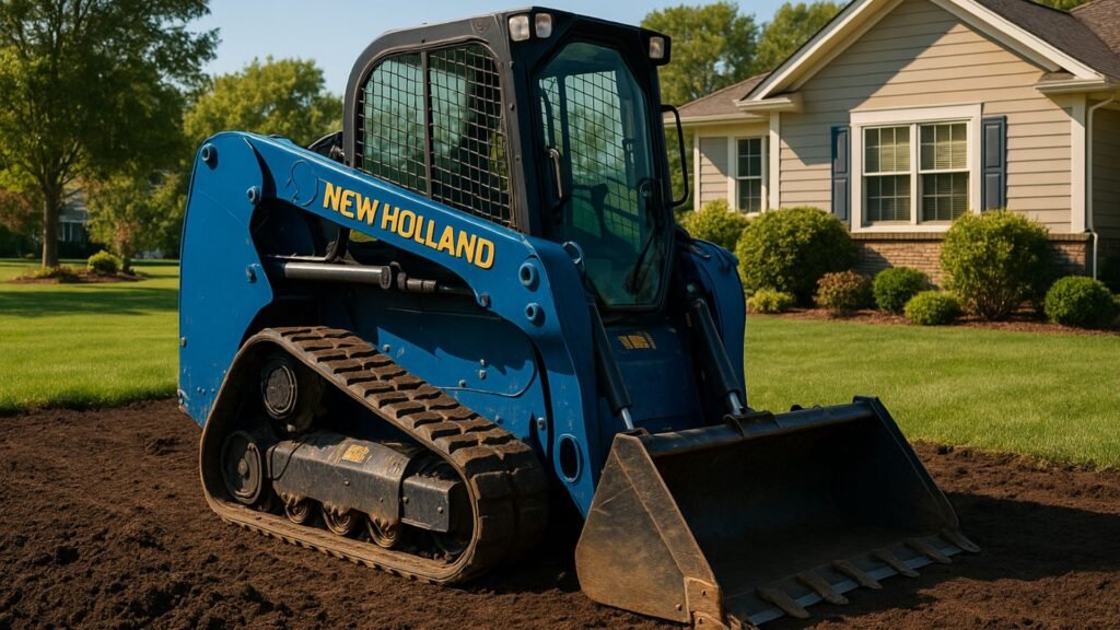 Blue New Holland compact skid steer with bucket on prepared garden soil, suburban home visible