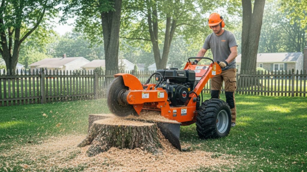 Orange stump grinder removing oak stump with wood chips scattered in Connecticut yard