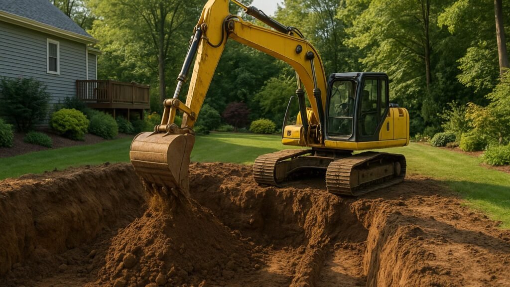 Yellow excavator digging foundation trench for outdoor recreational construction in Connecticut