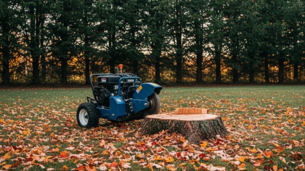 Blue stump grinder beside pine stump in Connecticut yard with autumn foliage