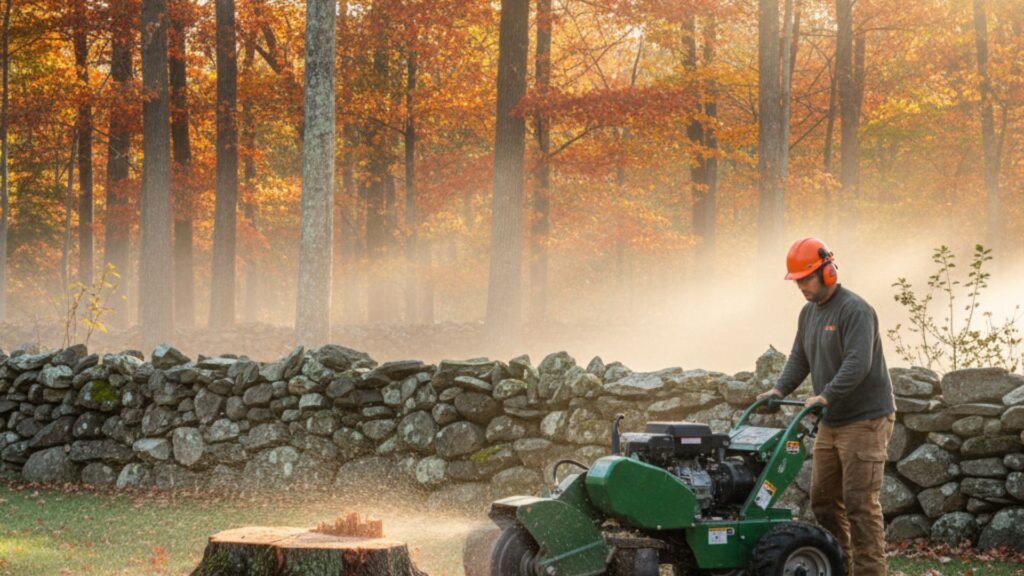 Green stump grinder removing pine stump near stone wall with autumn Connecticut scenery
