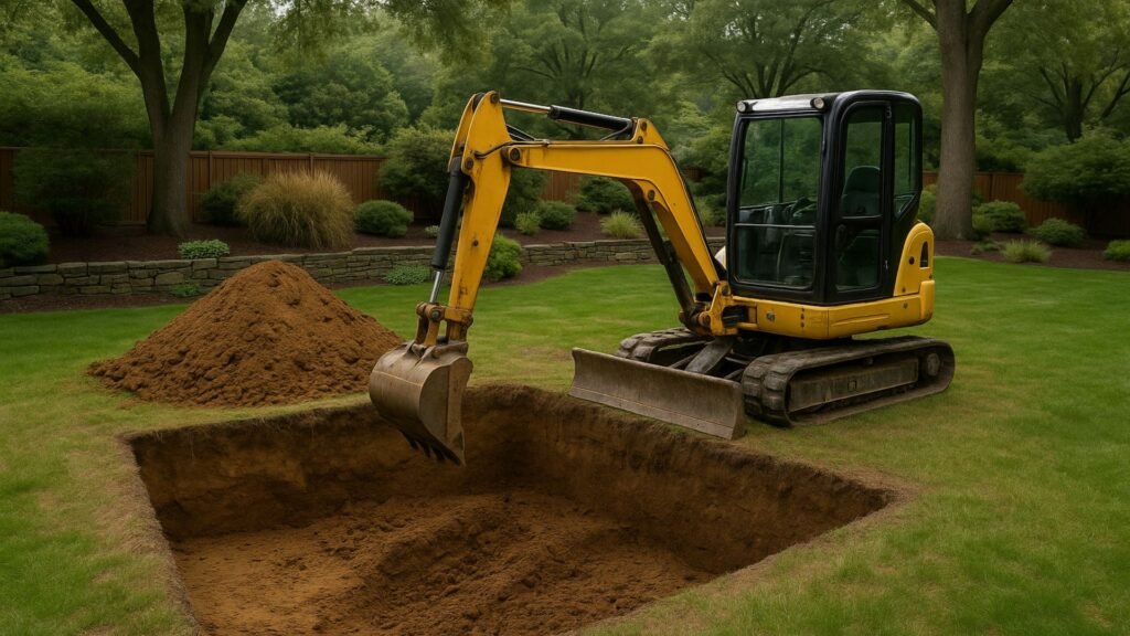 Yellow mini excavator working on residential pool excavation with stone retaining walls
