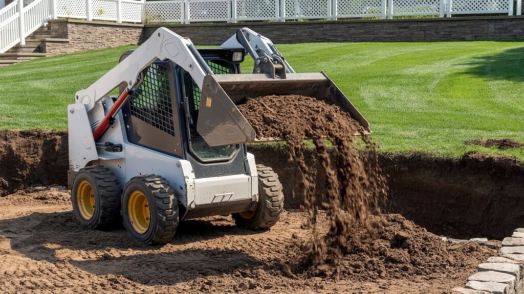 Skid steer loader excavating dirt from backyard pit for pool installation in Connecticut residential setting