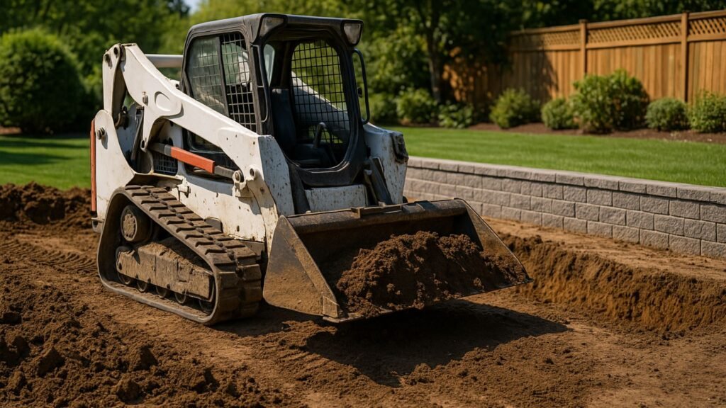 White skid steer loader excavating dirt for pool construction in Connecticut residential yard