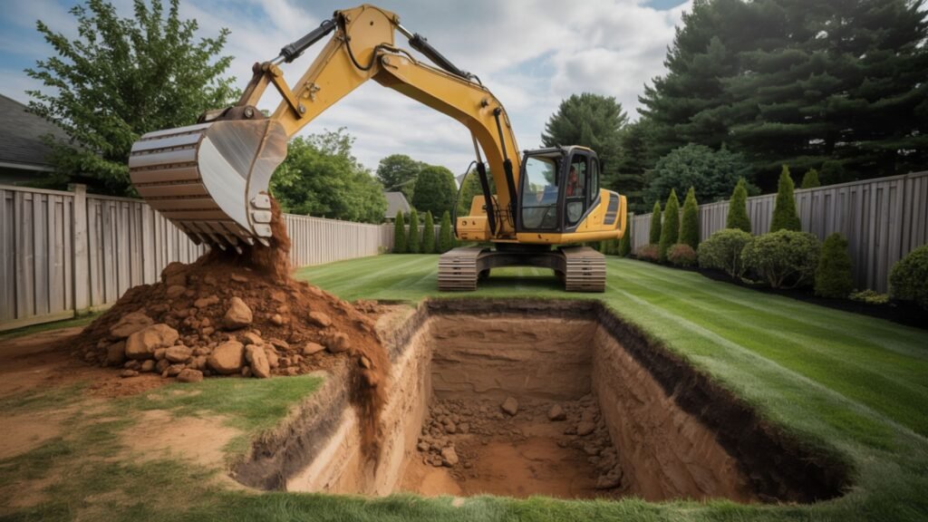 Excavator dumping soil pile next to swimming pool excavation site in Connecticut backyard