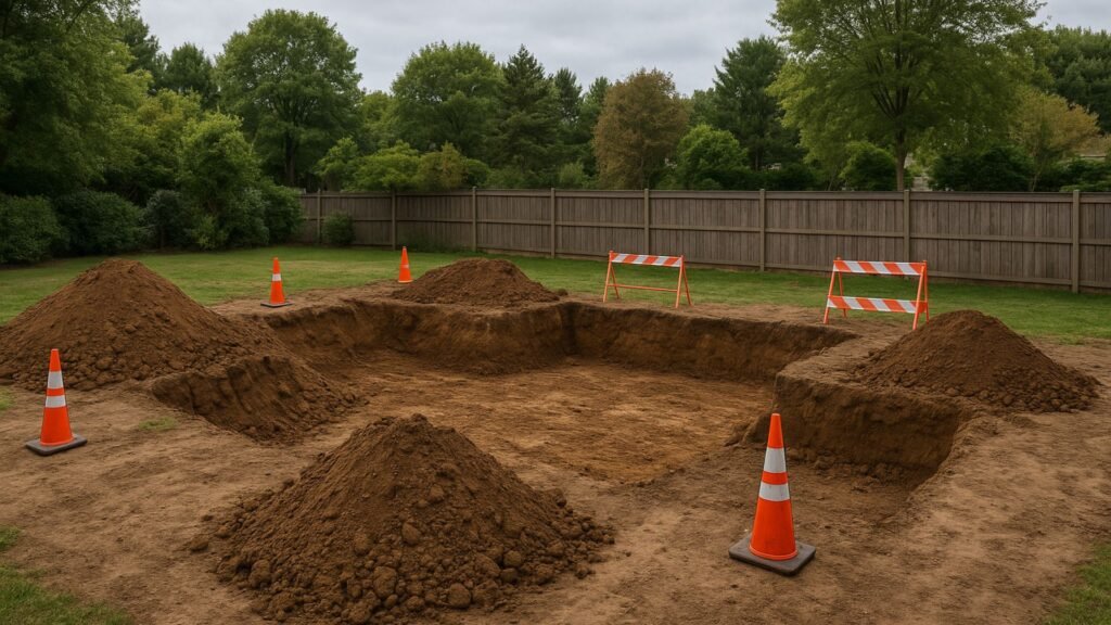 Organized excavated soil piles and construction barriers for pool installation in Connecticut yard