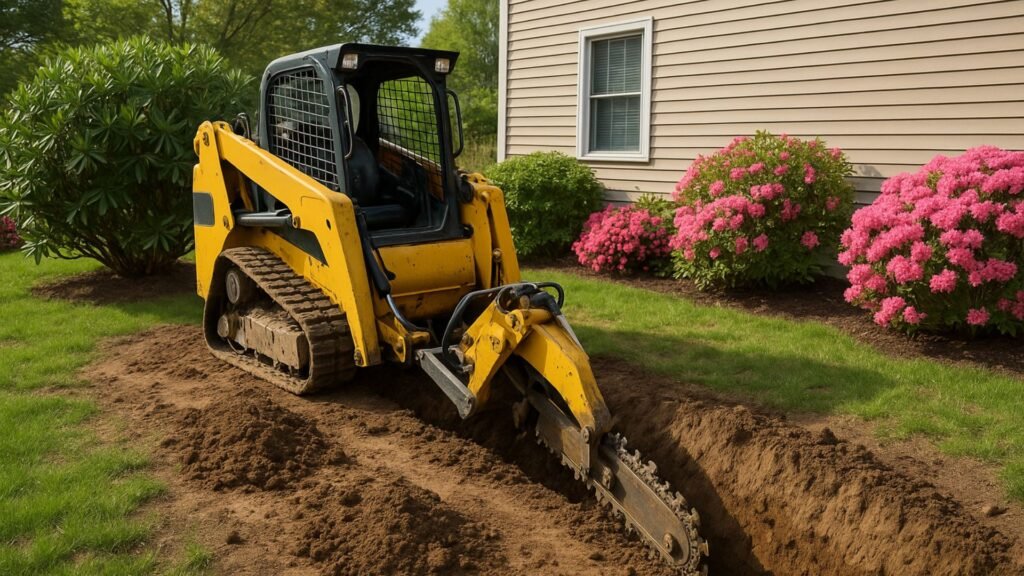 Yellow utility loader trenching for pool equipment installation in Connecticut suburb