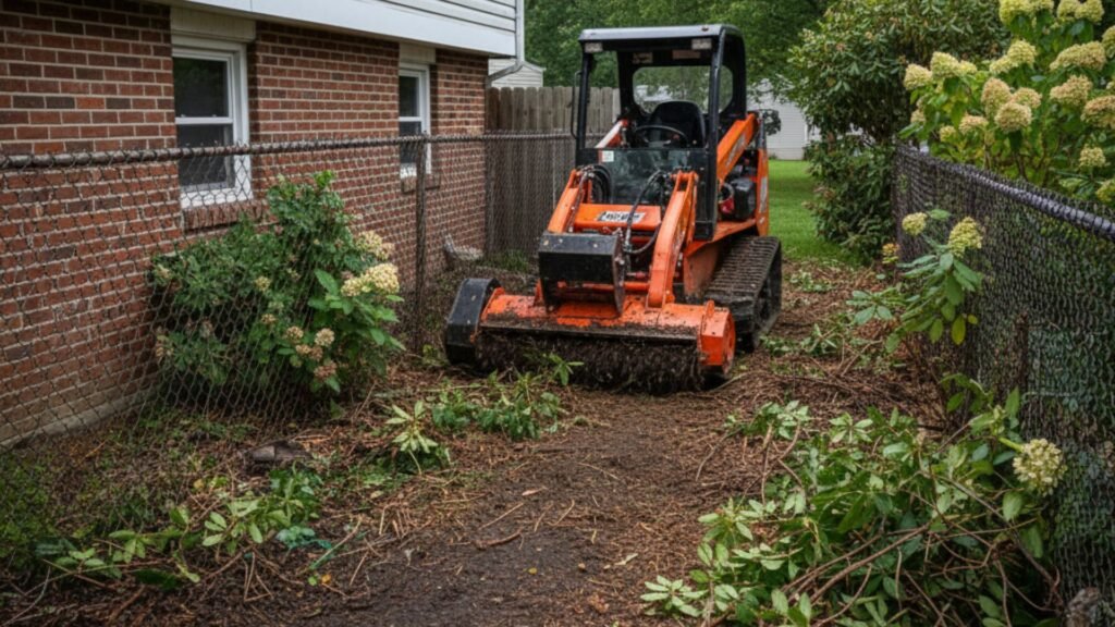 Compact mulching machine working in tight space between home and fence