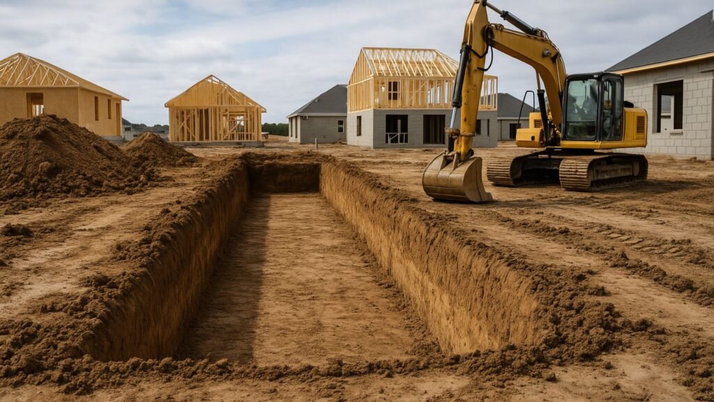 Straight-walled foundation trench with construction equipment at residential site