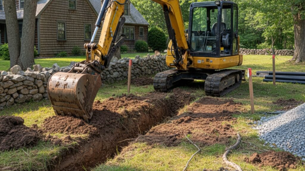 Mini excavator digging utility trench at Cape Cod style home in Seymour CT