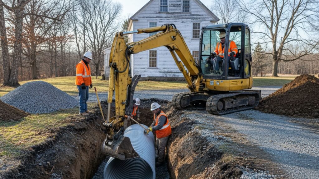 Mini excavator installing drainage culvert at historic farmhouse in Ansonia Connecticut