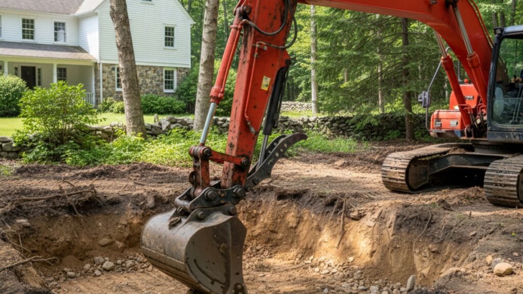 Excavator arm over foundation dig at Farmhouse property in Woodbury CT with birch trees