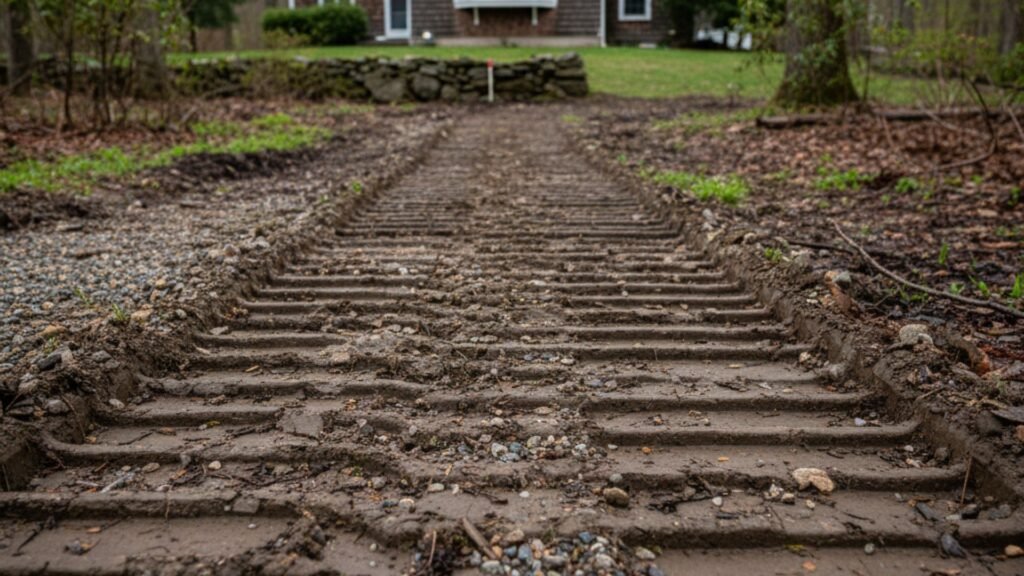 Excavator track patterns in soil at Shingle-style home in Woodbury CT with cherry trees