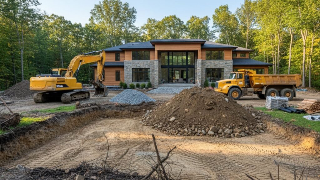 Construction site with soil piles and equipment near modern home in Newtown Connecticut