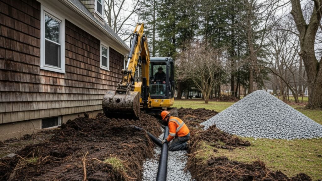 Mini excavator installing French drain system at Cape Cod home in Ansonia CT