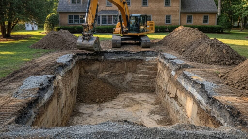 Professional pool excavation in backyard of colonial home Bridgewater Connecticut