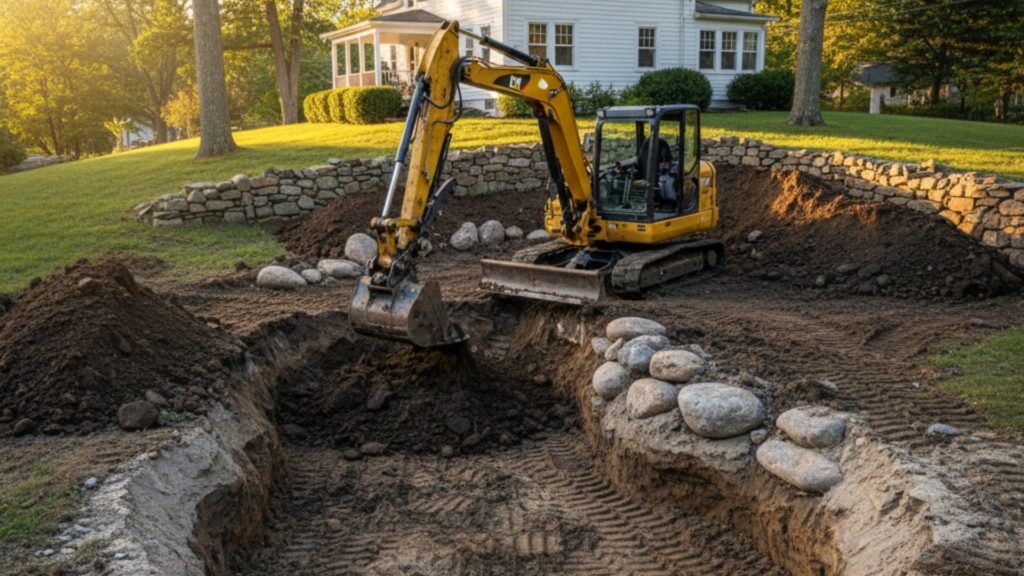 Compact excavator preparing pool excavation in Woodbridge CT residential backyard