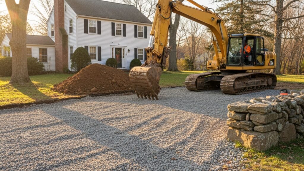 Completed driveway excavation with gravel base near Connecticut Cape Cod home showing professional results