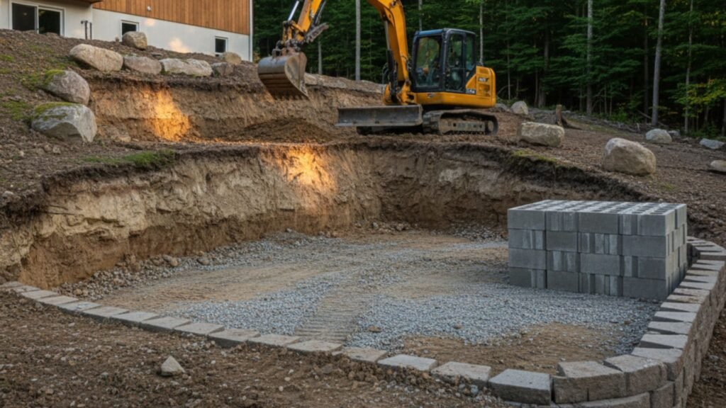 Retaining wall excavation on sloped terrain at ranch home Bridgewater CT