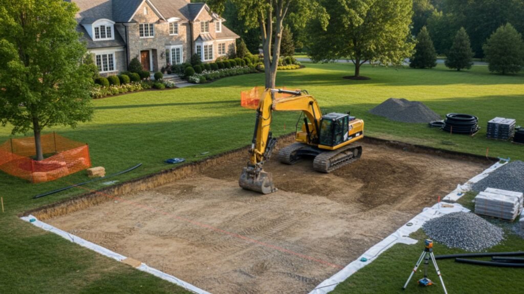 Tennis court excavation with precision grading at Southbury Connecticut estate property