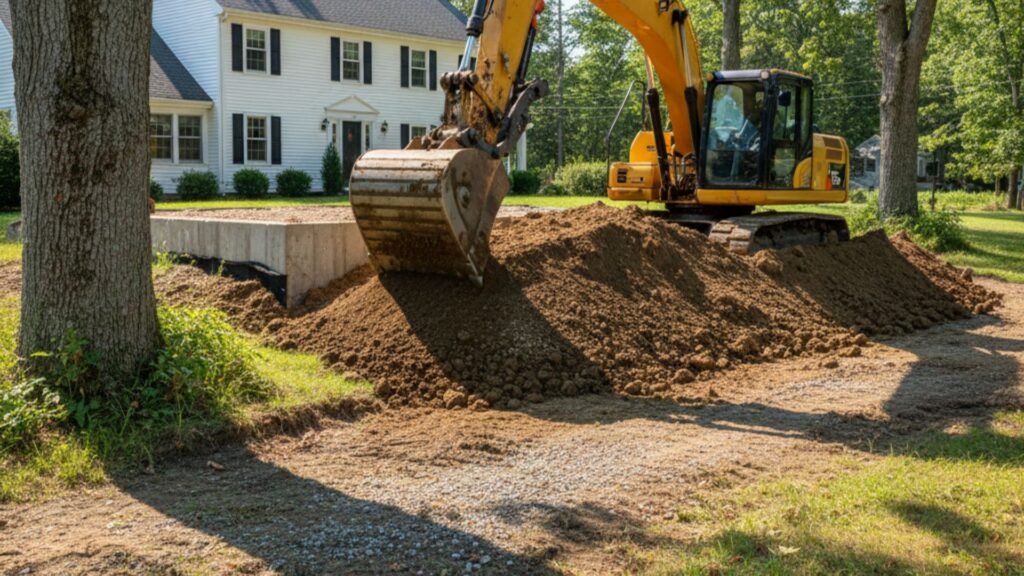 Foundation backfill operation with excavator placing graded soil around Watertown CT Colonial house