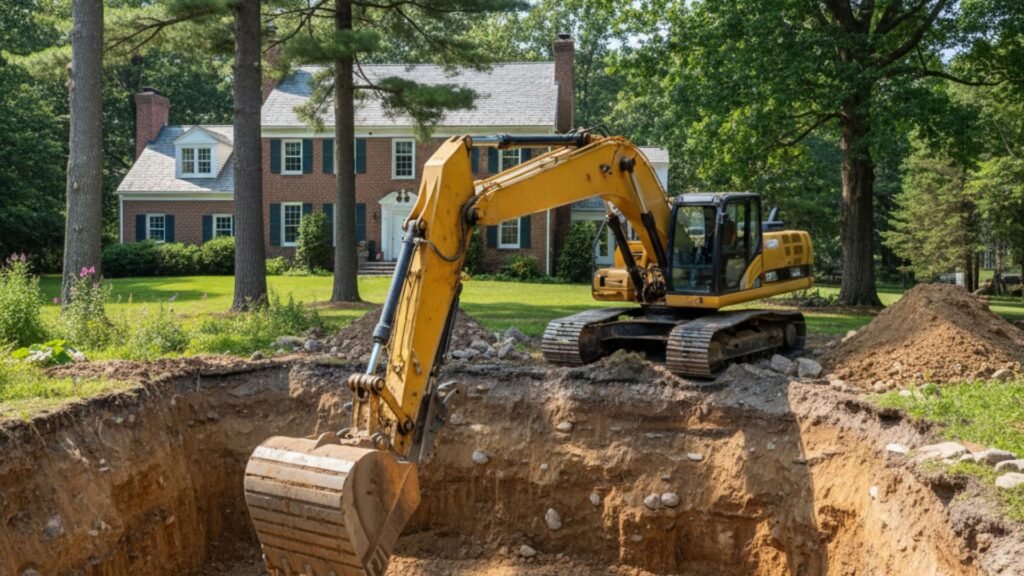 Large pool excavation showing soil layers at Colonial Revival house in Watertown CT with pines