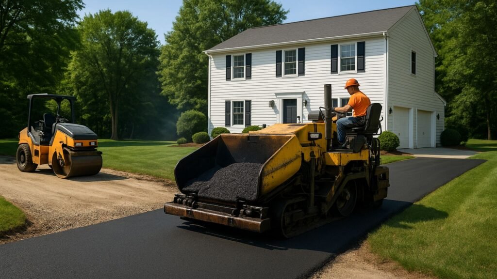 Asphalt paving equipment applying hot mix to residential driveway in Connecticut neighborhood