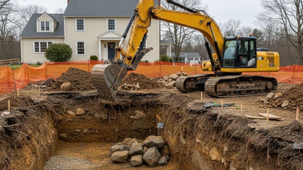 Deep basement excavation with track excavator at Colonial home in Southbury Connecticut