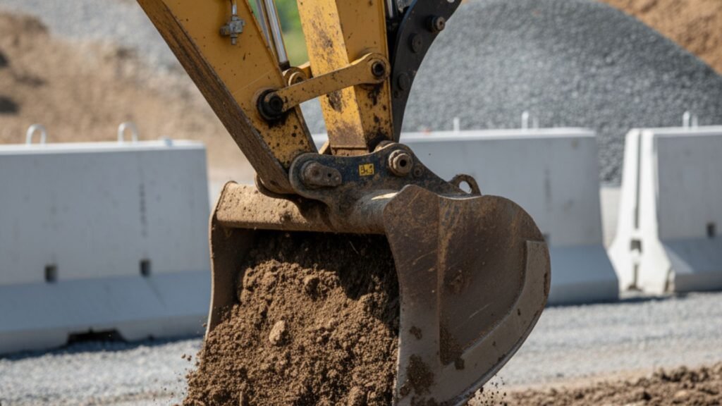 Close-up view of excavator digging in clay earth with hydraulic components and concrete structures