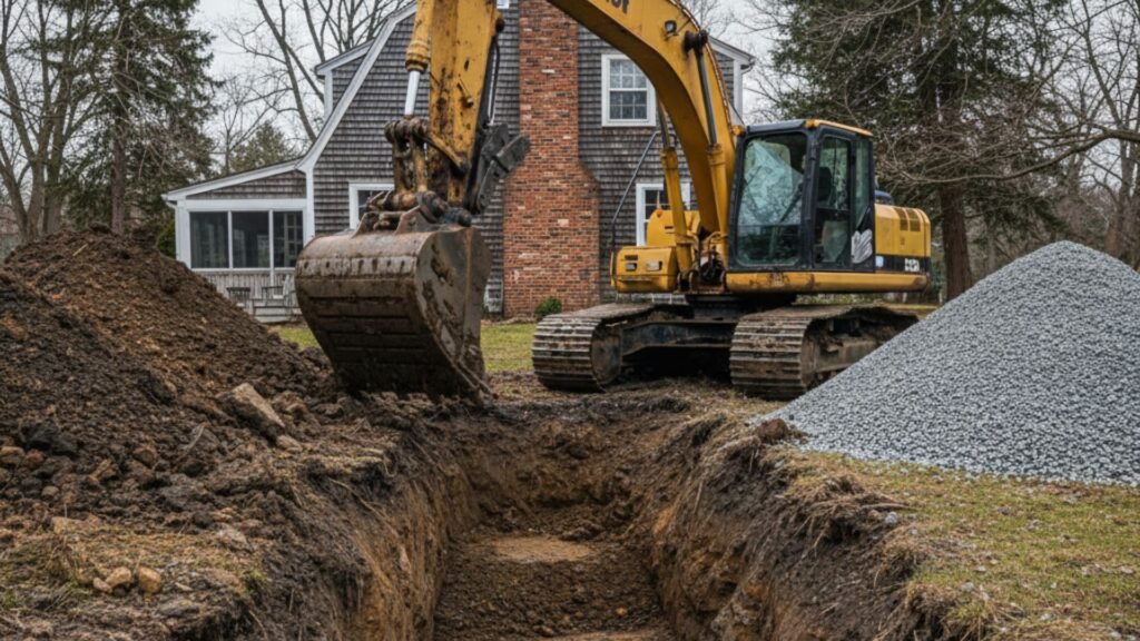 Track excavator replacing Drainage line at Colonial saltbox home in Ansonia Connecticut