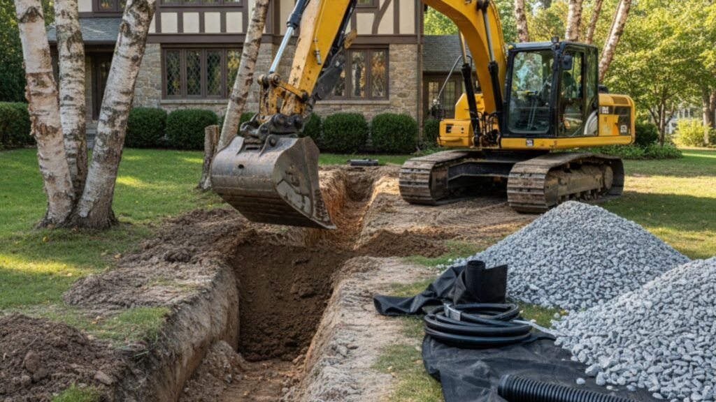 Track excavator installing French drain system in Woodbridge CT residential backyard