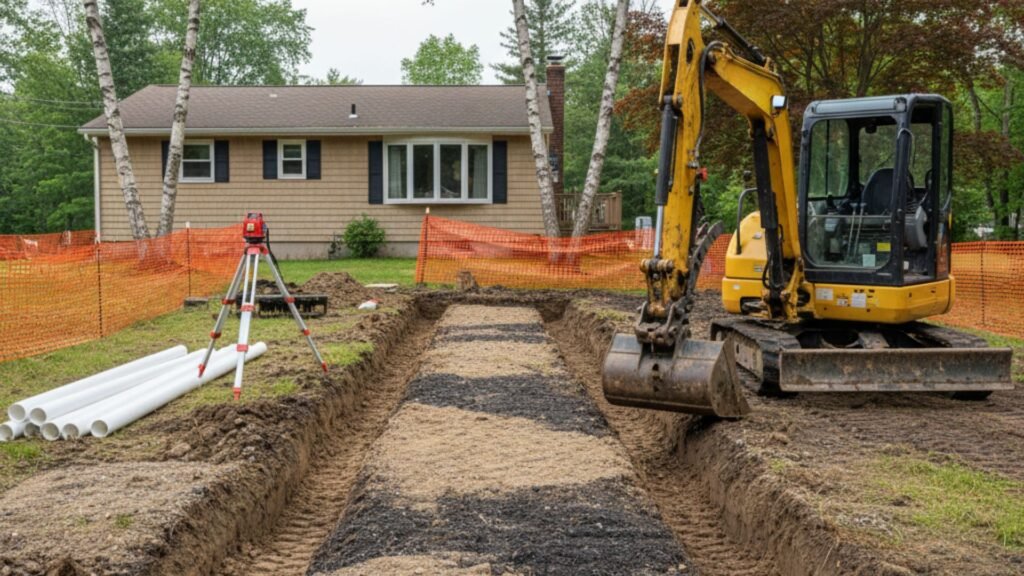 Mini excavator creating drainage system trenches in Woodbridge CT residential property