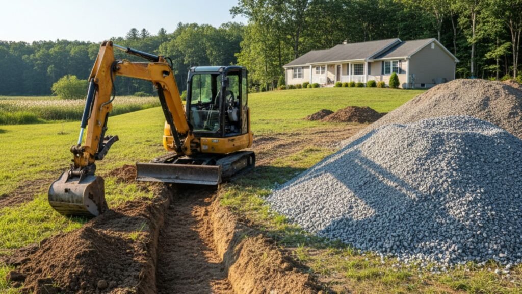 Track loader spreading aggregate for driveway construction at colonial home Bridgewater CT