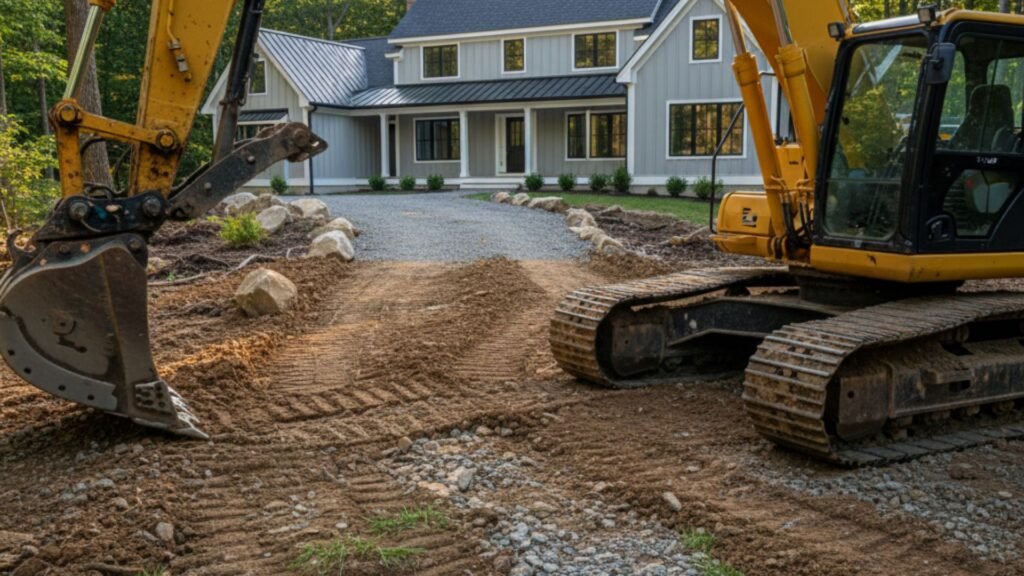 Excavator creating driveway access near modern colonial home with forest backdrop Newtown CT