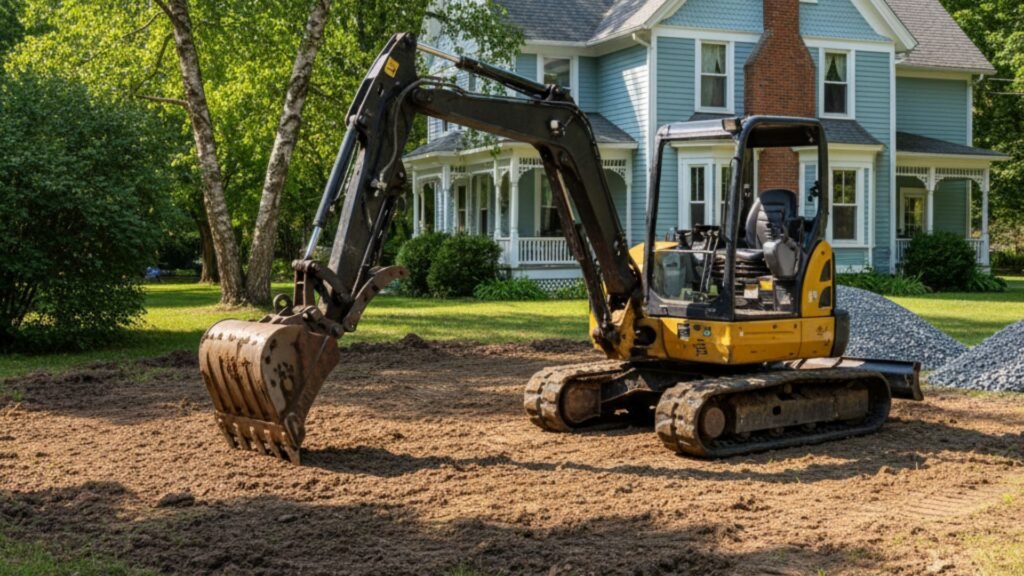 Compact excavator grading driveway area at Victorian home in Seymour Connecticut