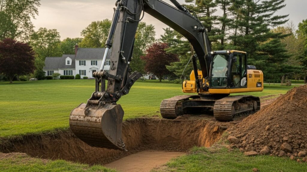 Professional excavator performing earthwork at construction site in Oakville CT