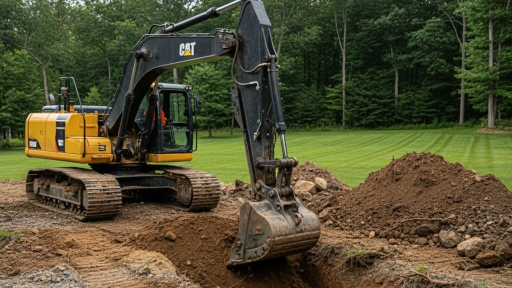 Professional excavator performing earthwork at construction site in Prospect CT