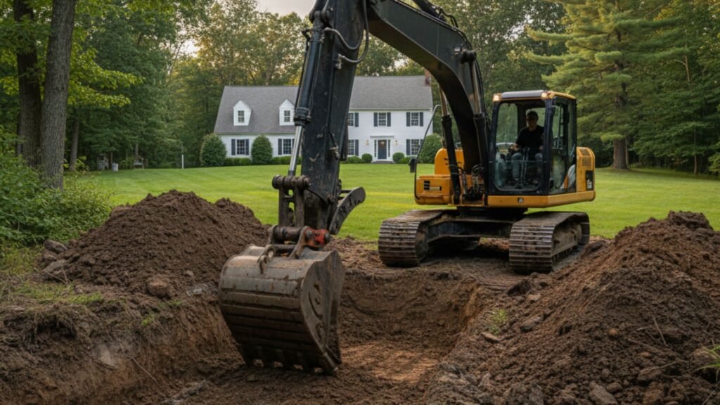 Professional excavator performing earthwork at construction site in Wolcott CT