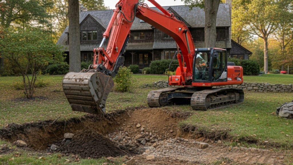 Excavation soil removal at Shingle-style home in Woodbury CT with Red Maple trees