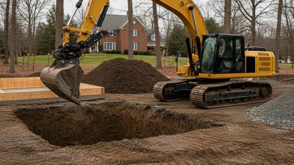 Professional CAT excavator positioned at Connecticut residential construction site with extended boom