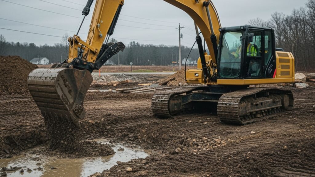 Yellow CAT excavator on muddy construction site with extended hydraulic boom and tracks