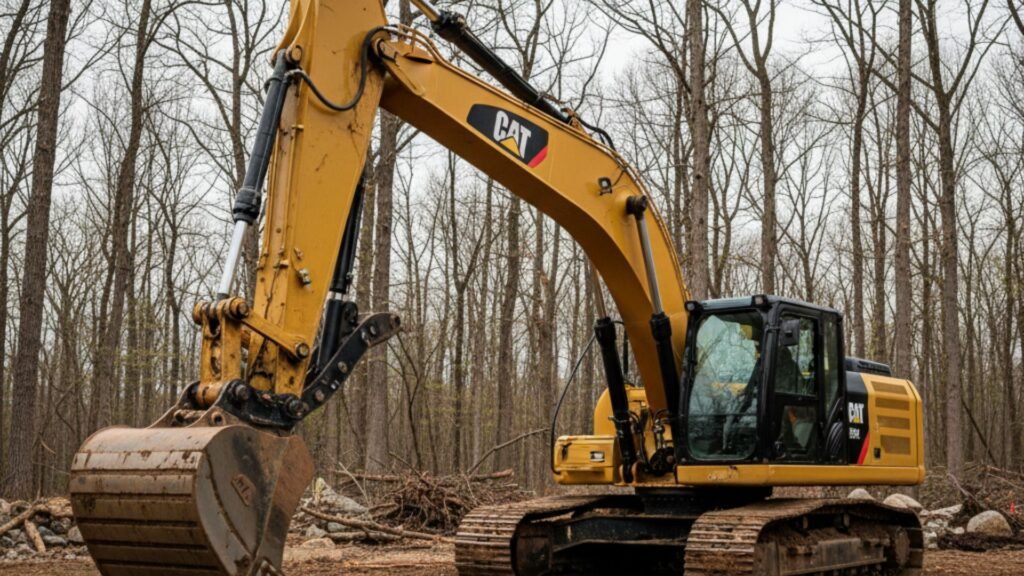 Yellow CAT excavator with extended boom and bucket in wooded construction site