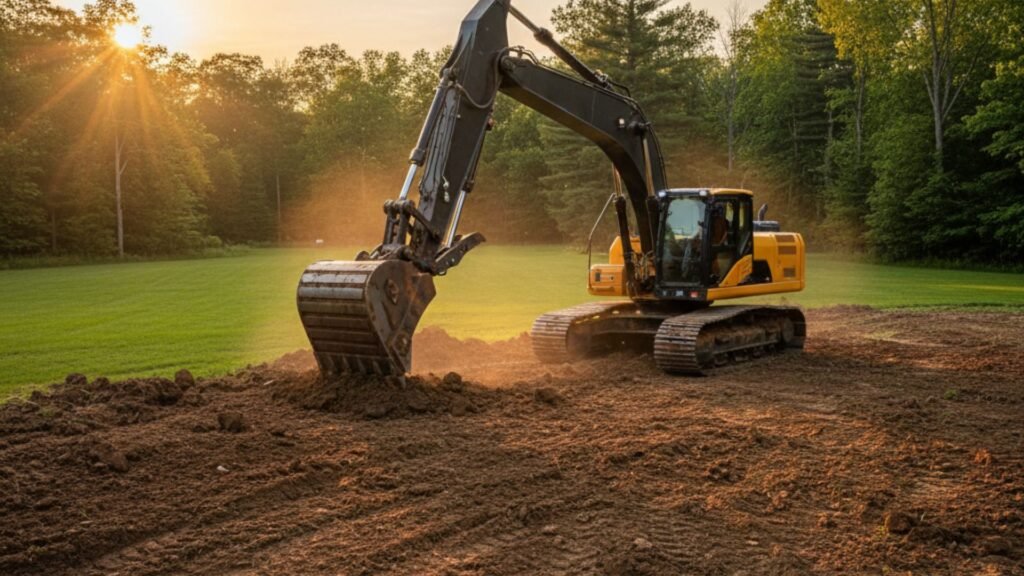 Professional excavation equipment working on brown soil site in Prospect Connecticut