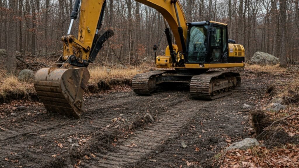 Yellow CAT excavator on muddy construction site with extended hydraulic boom and tracks