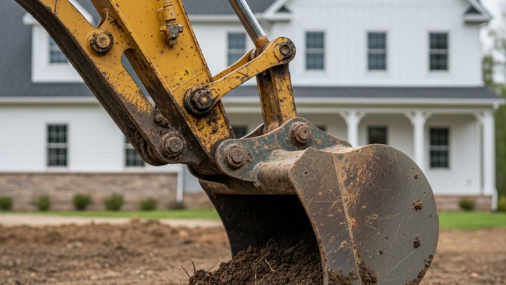 Close-up of hydraulic excavator system working in Woodbridge CT soil