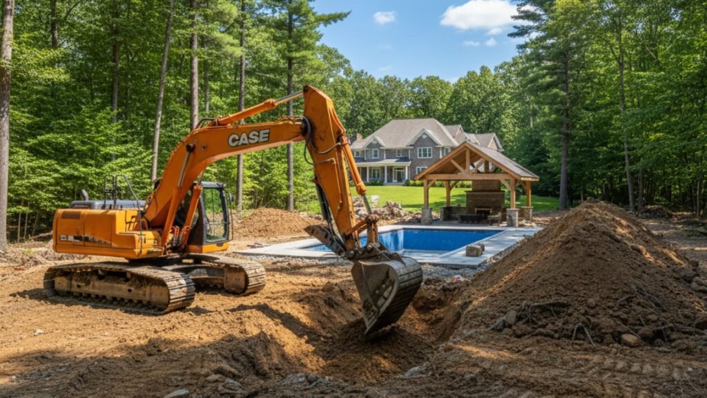 Case excavator performing excavation work at residential construction site in wooded area