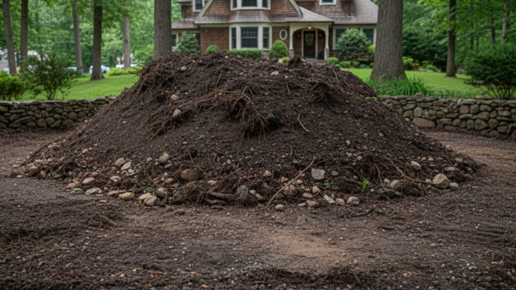 Excavated soil pile at Shingle-style home in Woodbury CT with maple trees